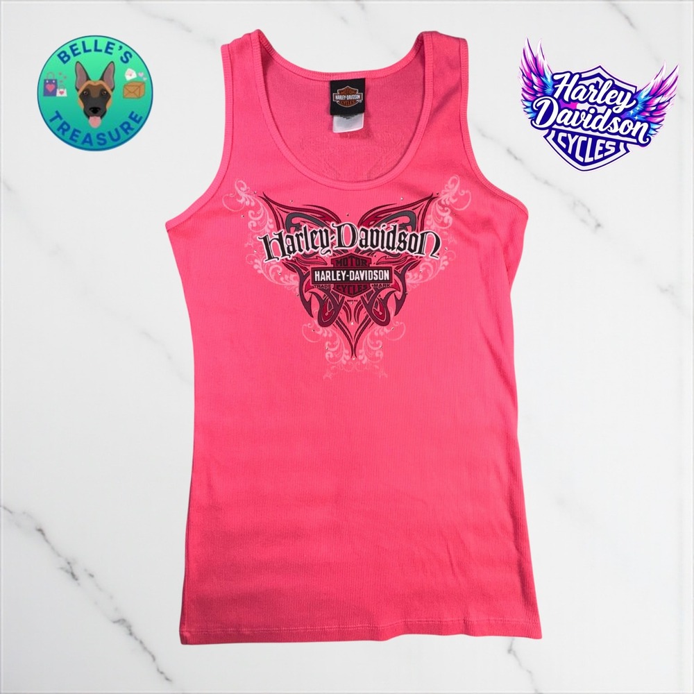 Harley Davidson Tank Top Women Large Pink Ribbed Sleeveless Biker Y2K Rhinestone